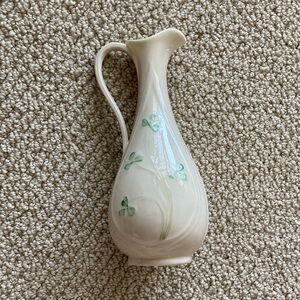 Belleek Thin Pouring Vase Shamrock Vintage Pottery Green Cream Tea Setting EUC